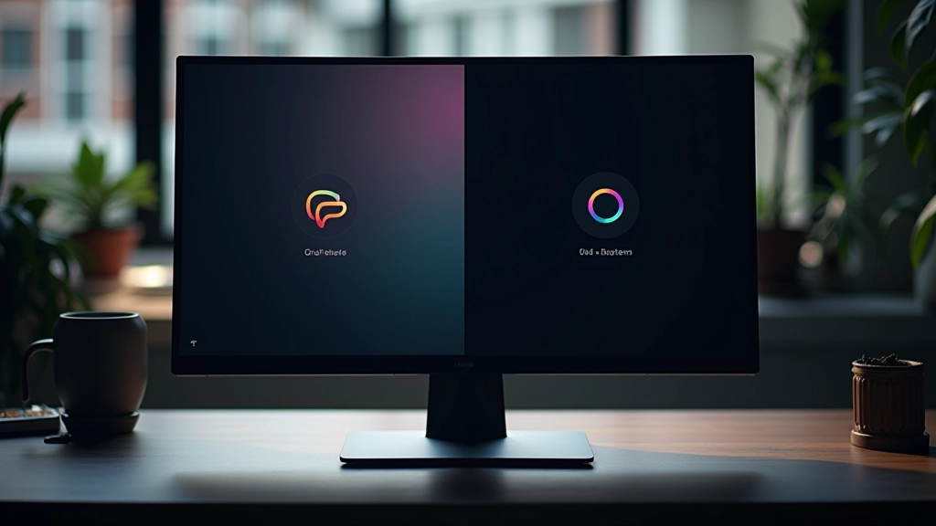 Écran moderne affichant une interface avec contraste entre mode clair et mode sombre côte à côte